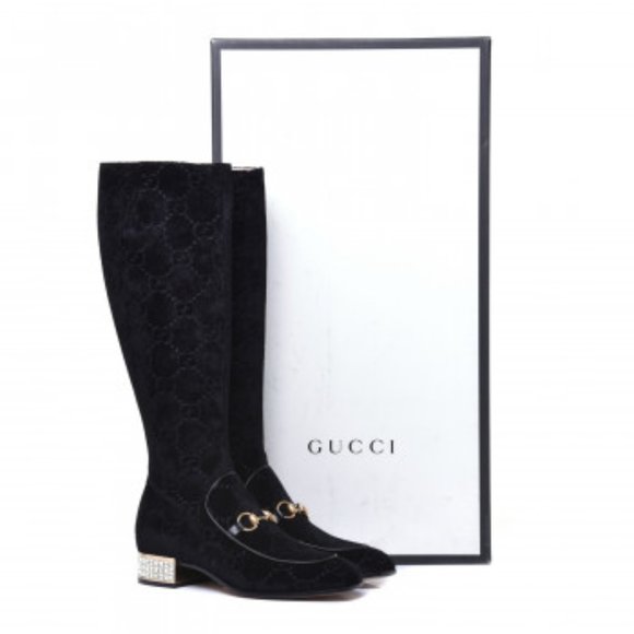 GUCCI VELVET GG MONOGRAM BLACK CRYSTAL HEEL BOOTS 39.5 WILL FIT 8.5 US - Picture 5 of 5